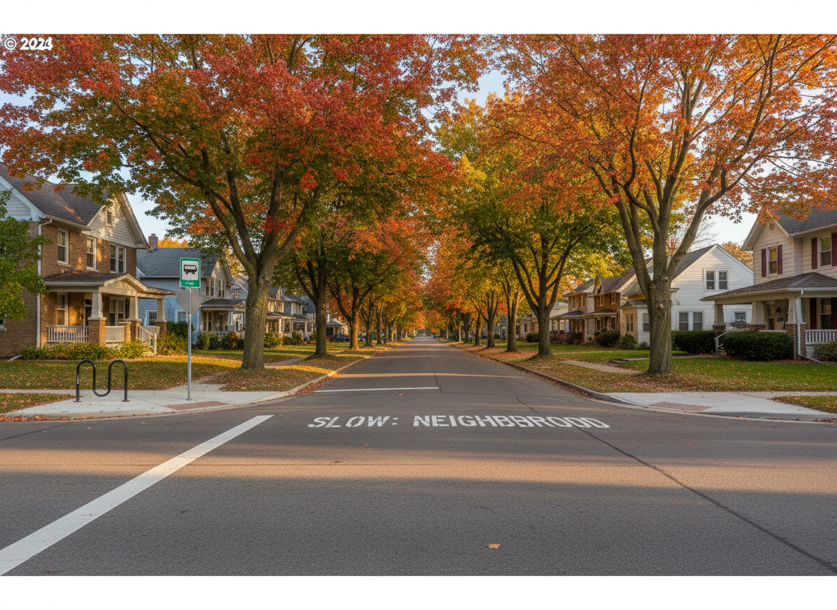 A small neighborhood intersection in Stevens Point captured without any people, featuring two perpendicular residential streets lined with mature maple trees and well-kept houses. In the foreground, a bright, freshly painted crosswalk and a clearly visible “Slow: Neighborhood” street marking highlight safety. A sturdy, modern bike rack and a well-maintained bus stop sign sit near the corner. The scene unfolds under soft golden hour sunlight, casting long, warm shadows and making the fall leaves glow. Photographic realism from a slightly wide, eye-level street view, with crisp focus and natural colors, creates an atmosphere of safe, welcoming, strong neighborhoods and thoughtful city planning.