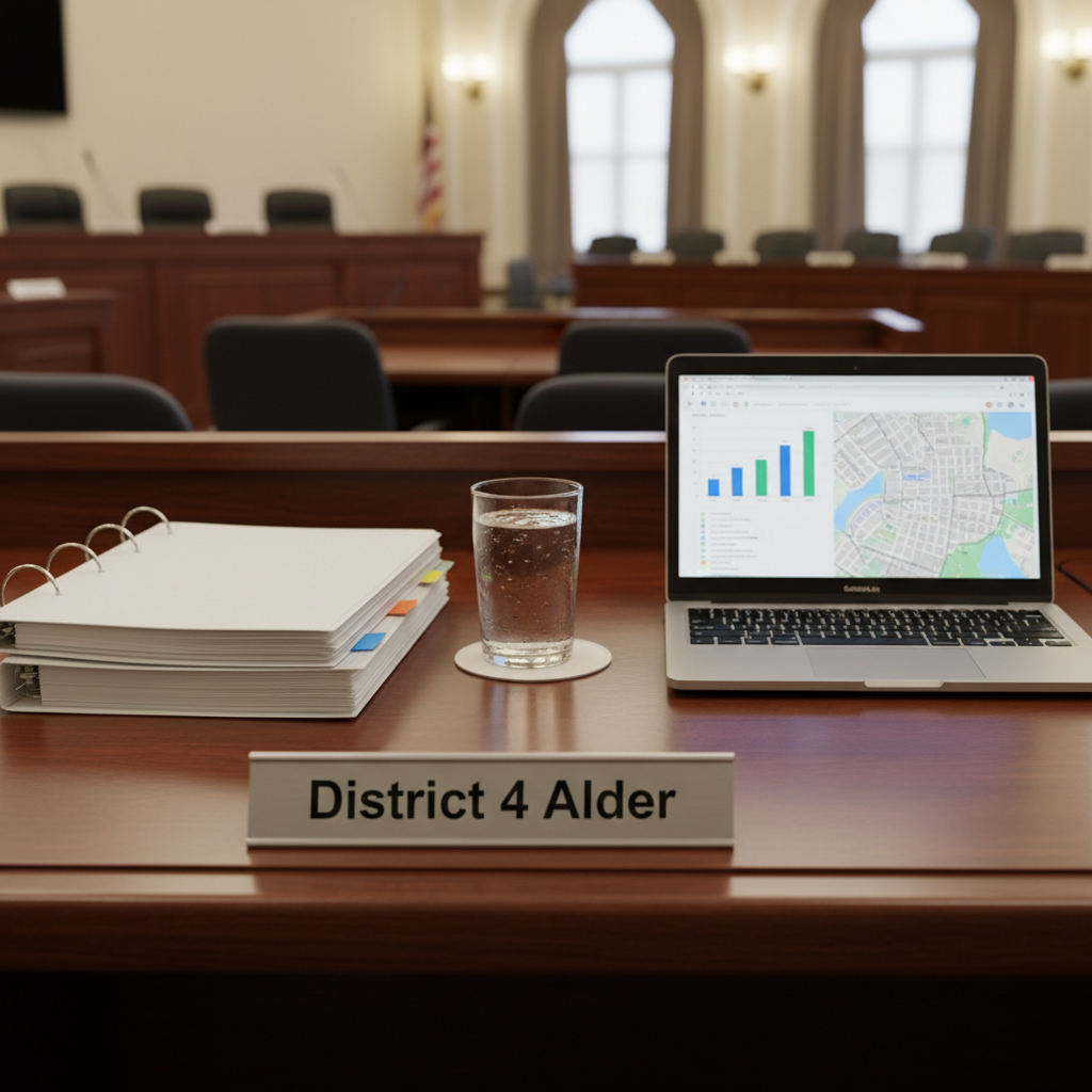 A polished wooden city council chamber desk surface with a brushed metal nameplate that simply reads “District 4 Alder” in clean, sans-serif black lettering, set against a blurred backdrop of an orderly meeting room. The desk holds a neatly arranged binder with color-coded tabs, a glass of water, and an open laptop showing a bar chart and neighborhood map on the screen. Overhead warm, even lighting illuminates the workspace, creating soft reflections on the desk finish. Photographic realism from a slightly elevated perspective, with balanced composition and moderate depth of field, projects a mood of competence, preparation, and transparent government without showing any people.