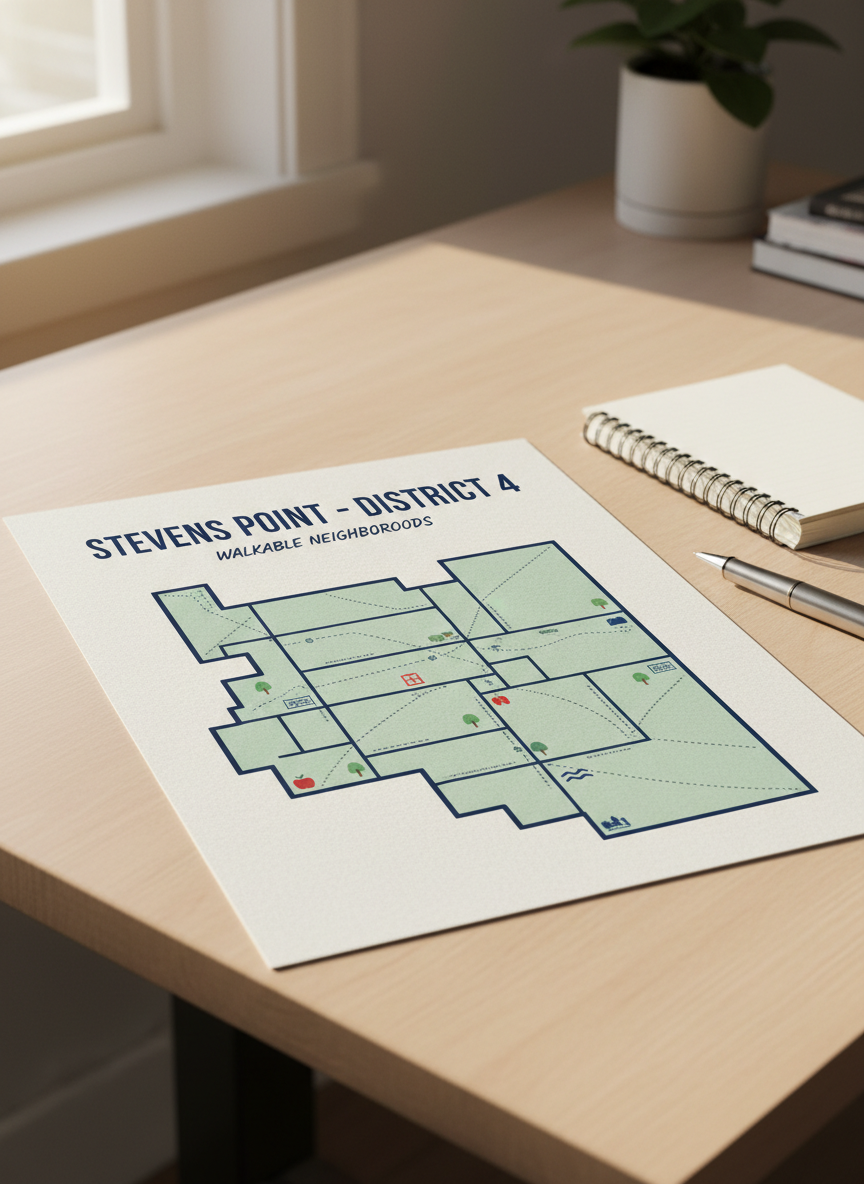 A meticulously detailed street map of Stevens Point’s District 4, printed on thick matte off‑white paper, with clean navy boundary lines and soft green shading for residential blocks. Small icons mark schools, parks, and riverfront access, emphasizing walkable, connected neighborhoods. The map lies flat on a simple, light wood desk beside a neatly stacked notebook and a stainless steel pen. Soft daylight from a nearby window washes across the scene, creating gentle shadows at the paper’s edges. Photographic realism at an eye-level angle, with a shallow depth of field that keeps the district map crisply in focus while the background fades into a subtle, warm blur, conveying clarity, transparency, and practical planning.