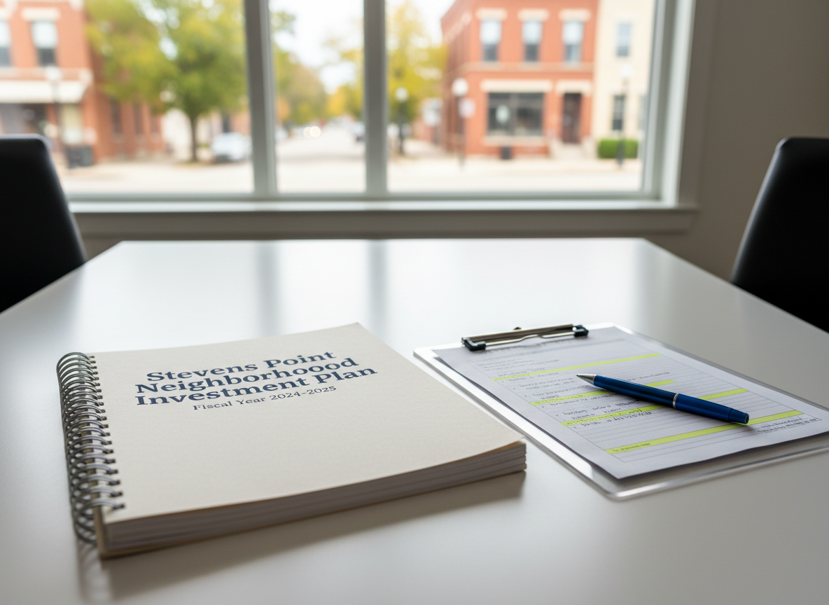 A close-up of a thick, spiral-bound city budget report labeled “Stevens Point Neighborhood Investment Plan” in bold navy text, resting on a clean white conference table. Beside it, a transparent acrylic clipboard holds handwritten notes and neatly highlighted sections, with a medium-blue pen aligned precisely. In the background, softly blurred, a large window reveals a glimpse of tree-lined streets and brick buildings, suggesting a Midwestern small city. Diffused afternoon light fills the room, creating gentle, professional shadows. Shot at an eye-level angle with photographic realism and a calm, organized mood, the composition emphasizes honest numbers, careful review, and practical, detail-oriented leadership.